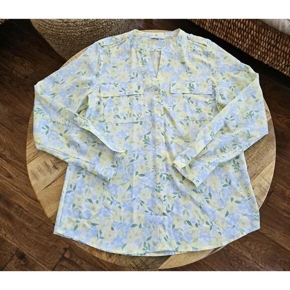 Calvin Klein Women's Floral Blouse Shirt Top Large Roll Tab Sleeve - Picture 1 of 8